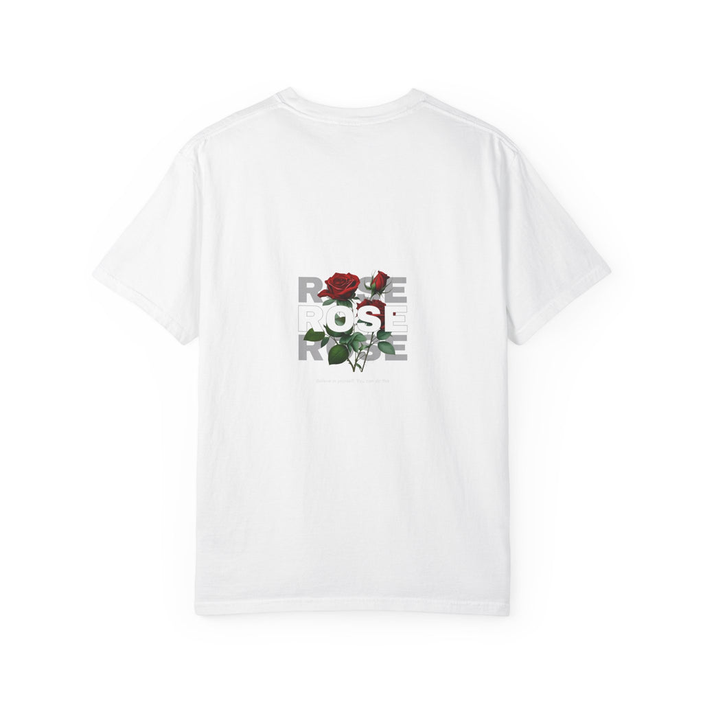 Rose Graphic T-Shirt — 'ROSE' Text with Red Bloom
