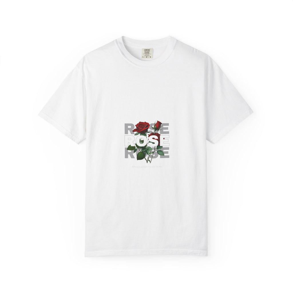 Rose Graphic T-Shirt — 'ROSE' Text with Red Bloom