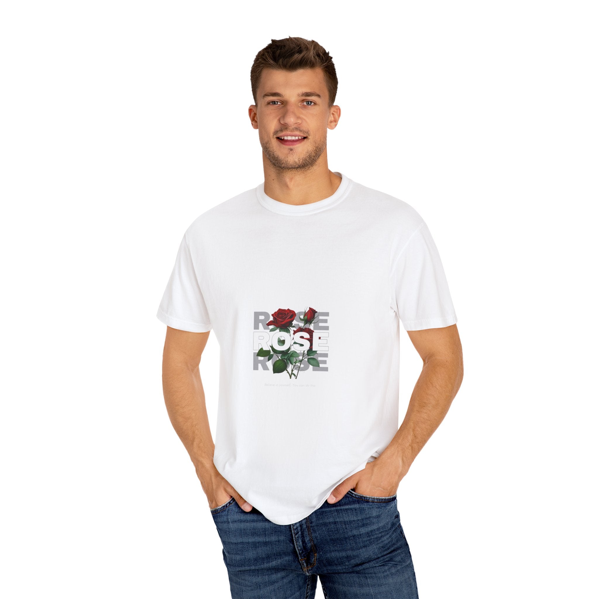Rose Graphic T-Shirt — 'ROSE' Text with Red Bloom